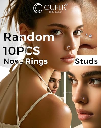 OUFER Nose Rings Studs, 20G Nose Rings Hoops, Random 10PCS Nose Piercing Jewelry, 316L Surgical Steel Nose Ring, Nose Studs for Women2