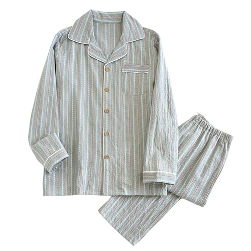 Cambkatl Men's Cotton Striped Pajama Set, Button Down Long Sleeve Loose Sleepwear Matching Lounge Sets