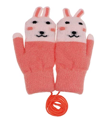 Toddler Girls Boys Rabbit Winter Warm Knit Mittens with String Bunny Kids Baby Soft Thick Fleece Lined Gloves