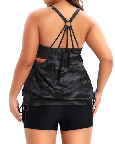 Image of Holipick Plus Size Tankini Swimsuits for Women Two Piece Tummy Control Bathing Suit Blouson Tankini Top with Shorts
