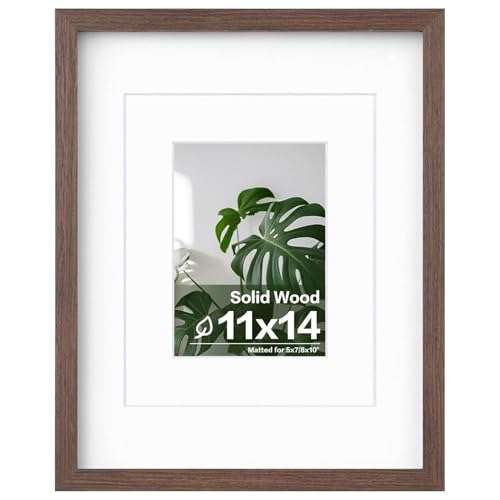 Egofine 11x14 Picture Frame Made of Solid Wood with Plexiglass, Display Pictures 5x7/8x10 with Mat or 11x14 Without Mat for Tabletop and Wall Mounting, Rustic Brown