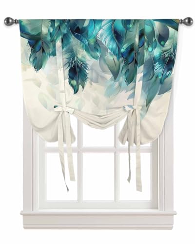 Falaniique Peacock Feathers Tie Up Curtains for Kitchen Bedroom Living Room Windows, Teal Turquoise Blue Ombre Animal Adjustable Tie-Up Shade Rod Pocket Curtain Valance Drape 1 Panel, 42" x 45"