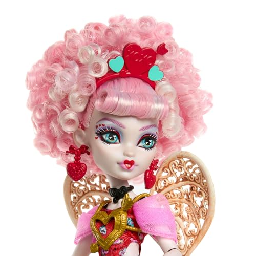 Monster High Poupée Cupid Asteria Monstrueux Anniversaire en robe de soirée rose et rouge avec des accessoires thématiques tels qu’une invitation, un ballon, un cadeau et bien d’autres, JBG77