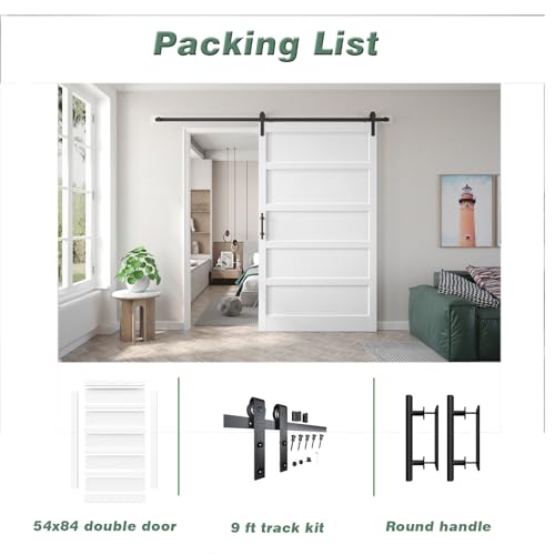 Image of Fredbeck 54x84 inch White Barn Door with 9FT Sliding Door Hardware Kit Included & Handle,MDF,Solid PVC Surface,DIY Assembly,5-Panel