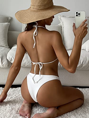 Wdirara Women's Ring Halter Bikini Swimsuit 2 Piece Tie Back Bathing Suit White M #TOP2