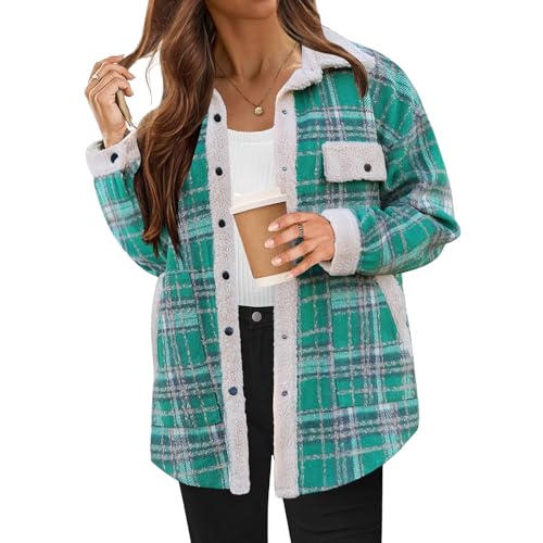 Women's Flannel Plaid Shacket Casual Long Sleeve Button Down Flannel Shirts Jacket Winter Coat for Warmth Fall Clothes