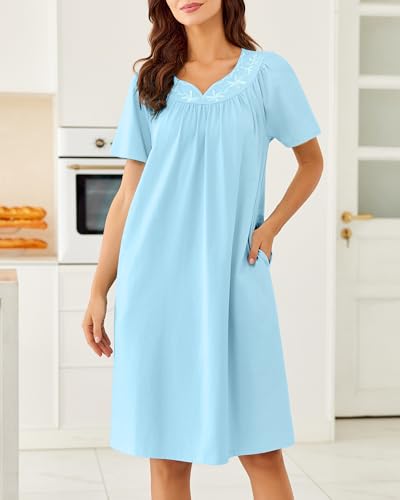 Image of Ekouaer Moo Moos for Women House Dress With Pockets Cotton Nightgowns Short Sleeve Night gowns Embroidered Mumu Dress