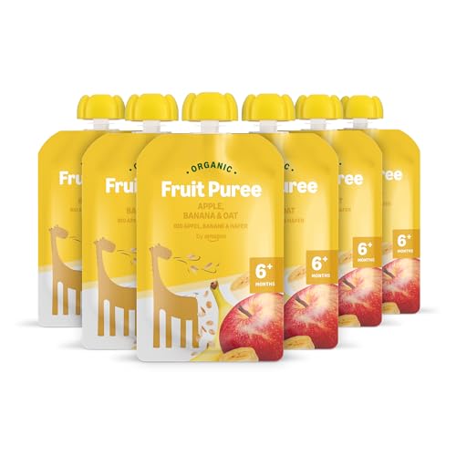 Marca Amazon - Mama Bear Bolsitas de Puré de Manzana, Plátano y Avena, 90g, Paquete de 6