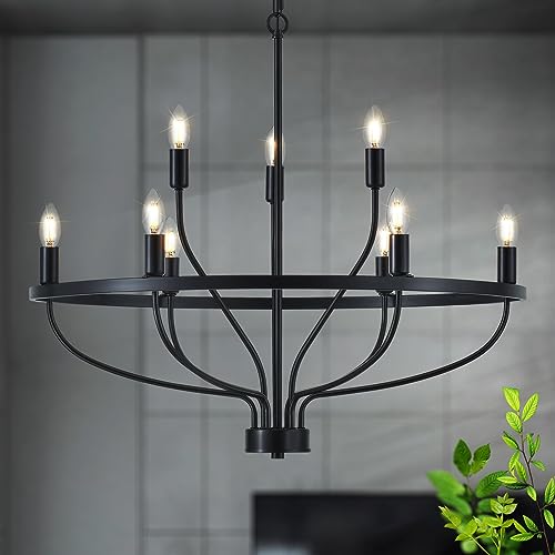 Widluth Industrial Black Chandelier Vintage 9-Lights Farmhouse 30 Inch Candle Style Black Chandelier Light Fixture Retro Modern Black Chandelier For Dining Room cover