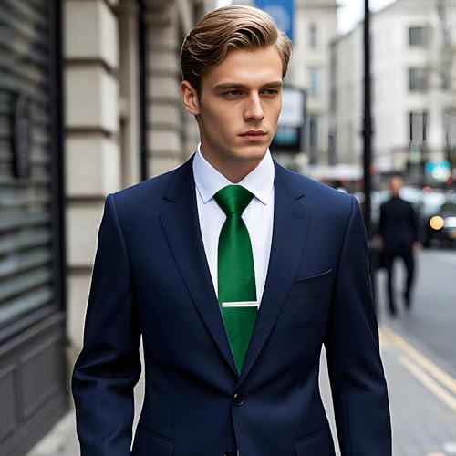 Image of YourTies Skinny Ties for Men Satin 2.4 inch Slim Necktie with Pocket Square Tie Clip Set Solid Color Wedding Party Business