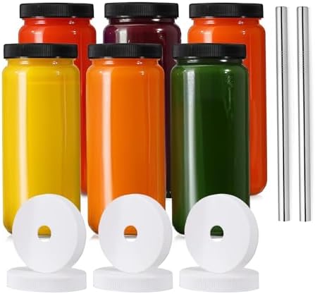 Glass Juice Bottles with lids, 6 Pack with 2 Straws & 6 Lids with...