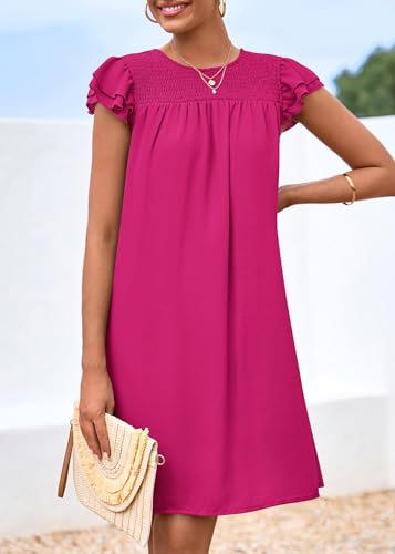 Image of KIRUNDO Women's Casual Dresses 2024 Summer Ruffle Cap Sleeve Smocked Crew Neck Tunic Shift Chiffon Short Dinner Party Dress(Rose Red, Medium)