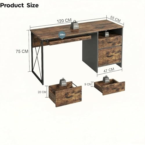 Image of TEKAVO Office Table with Drawer Storage + Keyboard Tray | Computer Table for Home Workstation PC | Modern Work Desk (Brown Wood, Metal | 120 x 55 CM) - DIY Assembly