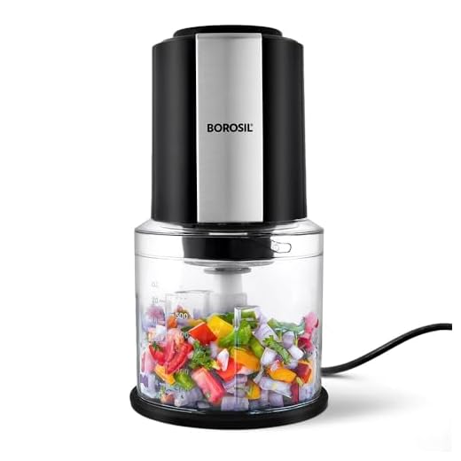 Borosil Chef Delite 300 Watts Electric Chopper for Kitchen, Twin Blade Technology, 600 ml 'chop-n-store' plastic bowl with lid, Vegetable Chopper, Cutter, Chop, Mince, Dice, Whisk, Blend