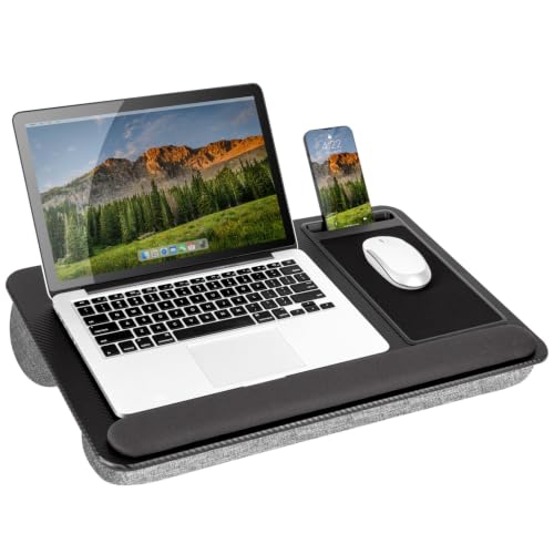 Image of LAPGEAR Home Office Pro Lap Desk - Black Slate, Fits 15.6 inch Laptops | Built-In Mouse Pad & Phone Slot, Wide Cushioned Wrist Rest, Dual-Bolster Microbead Cushion, Carry Handle