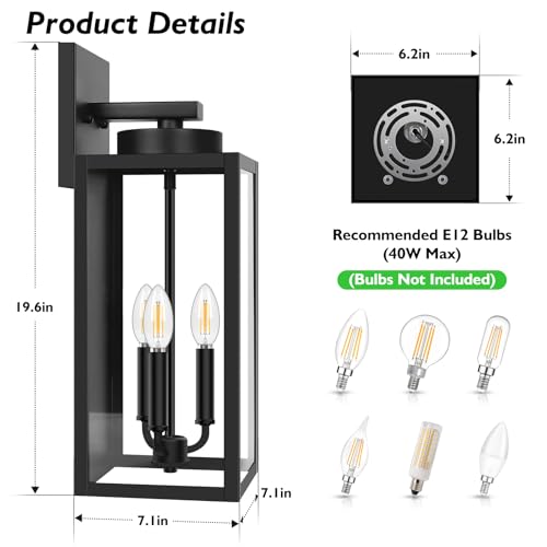 Image of BesLowe 19 inch Large Outdoor Wall Light, 3-Light Exterior Porch Sconce, Black | Waterproof, Rust-Resistant, Durable Metal with Clear Glass, Standard E12 Socket, Easy to Install