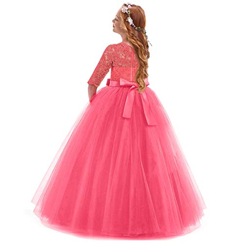 Image of Girls Flower Vintage Floral Lace 3 /4 Sleeves Floor Length Dress Wedding Party Evening Formal Pegeant Dance Gown