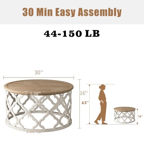 Farmhouse Coffee Table, French Country Round Coffee Table with Distressed Tray Top, Coastal Coffee Table with Curved Motif Frame Base, Boho Center Table for Living Room, Dining Room, Bedroom, Beige — view 2