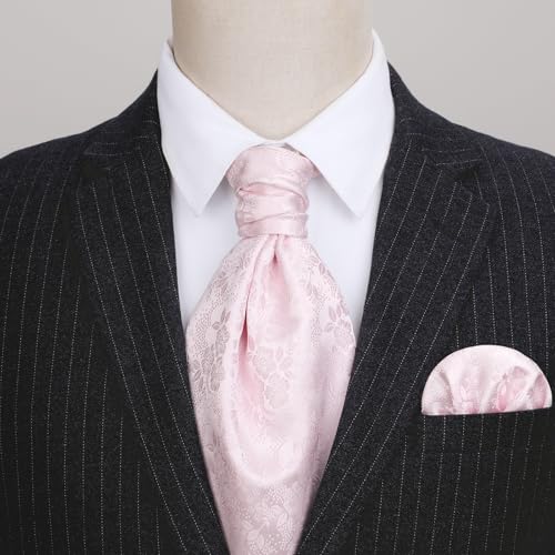 Image of HISDERN Ascot Ties for Men Paisley Floral Ascot and Pocket Square Set Classic Self Tie Mens Cravat Handkerchief for Wedding