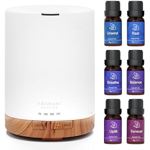 ASAKUKI 300ML Essential Oil Diffuser with Well-Wishing 6 * 10ml Essential Oil Blends Set Cover