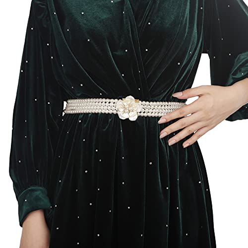 Wiwpar Elastic Pearl Belt Crystal Pearl Flower Waist Chain Sashes Belt Adjustable Rhinestone Waist Belt for Wedding Bridal Dress Belt for Women