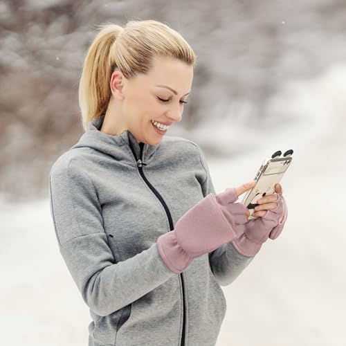 OZERO Winter Gloves for Men Women: Fingerless Convertible Mittens with Flap Warm Thermal Polar Fleece,Touch Screen Work Running Driving Cycling Womens Mens Gloves Winter in Cold Weather Pink XL