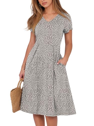 Image of ANRABESS Women Summer Dress Casual Short Sleeve V Neck A-Line Knee Length Pleated Flowy 2026 Fashion Midi Dresses with Pocket