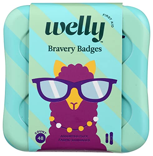 Welly Bandages, Adhesive Flexible Fabric Bravery Badges, Assorted Shapes for Minor Cuts, Scrapes, and Wounds, Colorful and Fun First Aid Tin, Llamas Patterns, 48 Count (Pack of 6)