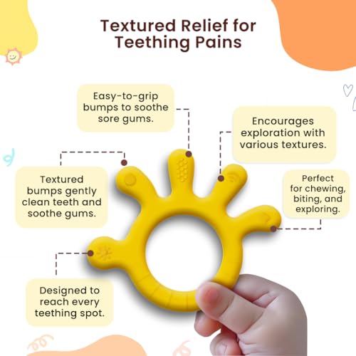 Image of Infantso Finger Shape Soft Silicone Teether for 6+ Months, BPA Free Teething Toy for Babies with Textured Surface for Soothing Gums. 100% Food Grade, No-Choke Design (Finger - Yellow)