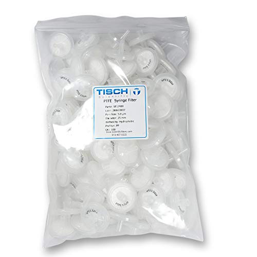 Tisch Brand SF17400 Polytetrafluoroethylene PTFE Syringe Filter, 5.00um, 25mm, 1/pk/100 per Pack | Wettability: Hydrophobic | Maximum Operating Temperature: 130 Degrees C | Burst Pressure (psi): 87 |