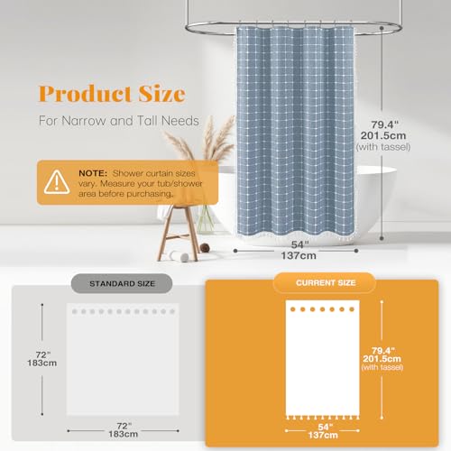 Image of BTTN Blue Boho Farmhouse Linen Thick Water Repellent Shower Curtain, 54x78 | Narrow Size, Heavy Duty Fabric, 10 Plastic Hook, Three-sided Tassels, Bohemian French Country, Machine Washable, Wrinkle Free