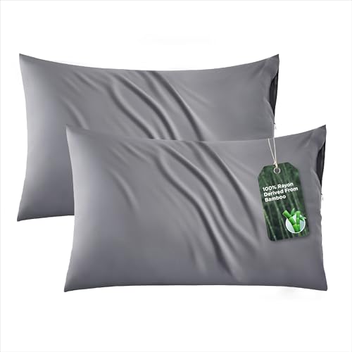 Bedsure Zipper Pillow Cases Queen, Cooling Pillow Cases Queen Size Set of 2, Rayon Derived from Bamboo Cooling Pillowcases for Hot Sleepers, Soft & Breathable Pillow Covers, Dark Grey, 20x30 Inches