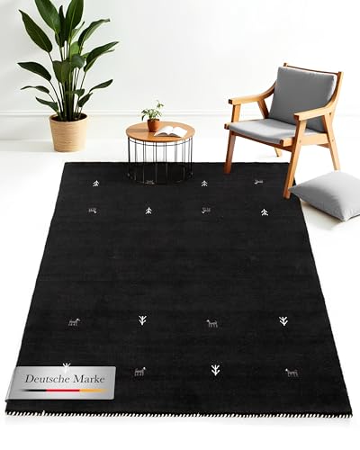 carpetfine Wollteppich Gabbeh Uni Schwarz 80x150 cm | Moderner Teppich für Wohn- und Schlafzimmer