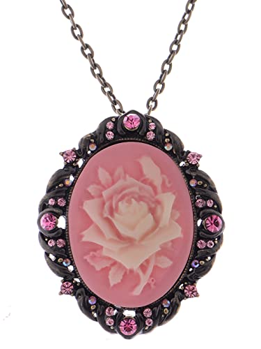 Alilang Vintage Inspired Sparkly Crystal Rhinestones Flower Cameo Pendant Necklace Brooch Pin, Rose Pink #TOP26