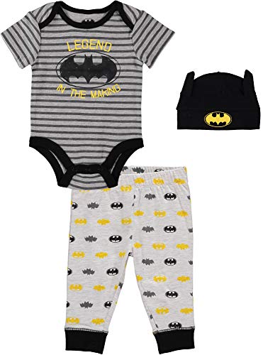 Image of DC Comics baby-boys Batman 3 Pc Creeper Onepiece Bodysuit Pant and Cap Set