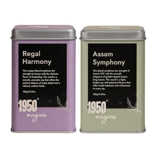 Image of 1950 Origins Combo Pack-Assam Symphony&Regal Harmony|100% Natural Loose Leaf Tea|Assorted Black Tea Gift Pack - Premium Assam & Long Leaf Darjeeling Tea|Rich,Strong & Fresh|Tin Caddy, 150 gm X 2