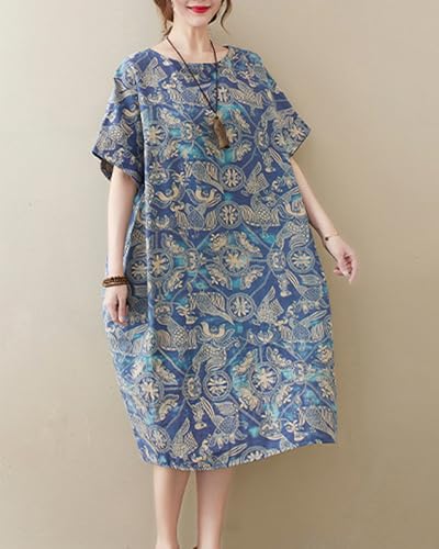 Image of LUZU JUNU Women's Summer Baggy Plus Size Loose Cotton Linen Long Boho Beach Dress with Pockets