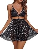 Avidlove Plus Size Lingerie Lace Teddy Babydoll V Neck Lace Nighty Sleepwear Flocking Nightdress Black Star XXL