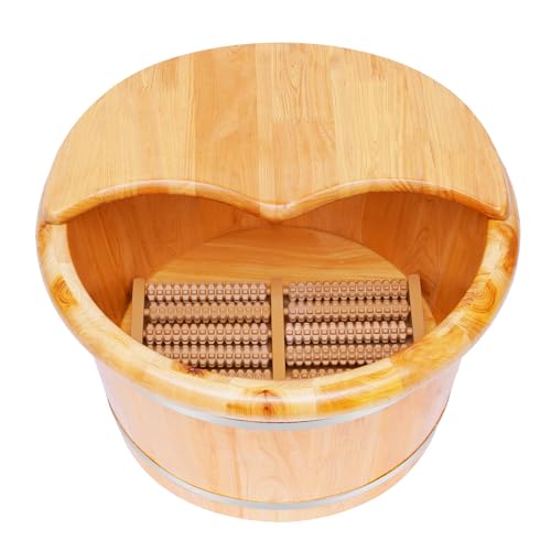 Wooden Foot Basin,Cedar Wood Foot Tub with Lid and Massage Roller,Wooden Bucket Foot Bath for Soaking Feet Spa Foot Care
