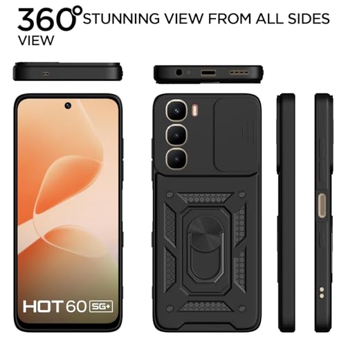Image of Pikkme Back Cover for Infinix Hot 60 5G | 360 Protection Case | Sliding Camera Shield Cover & Ring Holder Stand D10 Tough Armor Bumper Case (Black)