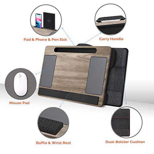 Lap Desk, Kavalan Portable Laptop Desk With Pillow Cushion & Handle, Design W/Tablet & Phone & Gadget Slot, Right & Left Handed Mousepad, Ergonomic Wrist Pad, Fit Up To 17.3 Inch Laptop, Oak #TOP4