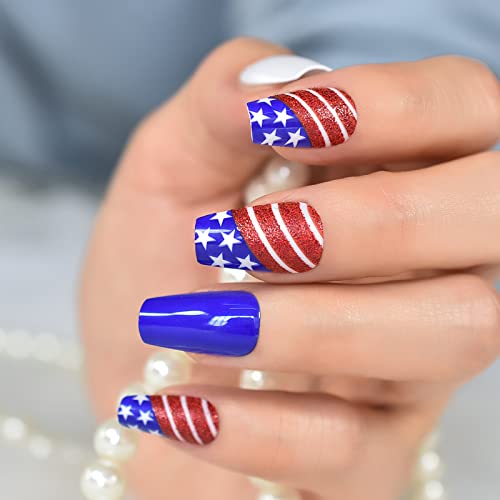 Echiq Royal Blue Glossy Press On Nail With Star And Line Artificial Acrylic Medium Length Nature Fake Nails Reusable Full Cover Wearable Coffin False Stick On Nail Art Tips For Women Ladies Girls Gift 24Pcs/Set #TOP1