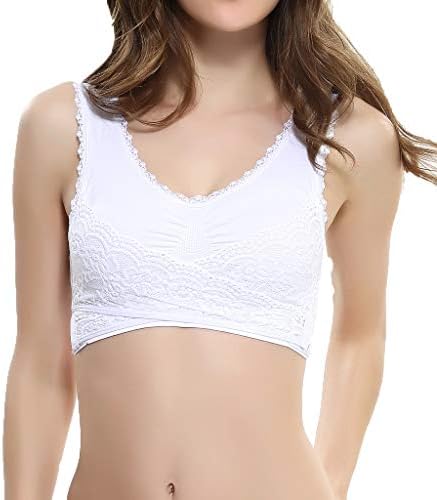 Womens Girls Sports Bra V Neck Lace Long Line Plunge Bralette Bra Pure Color Ultra-Thin Large Full Bra Cup Tops Cami Tops (White, S)