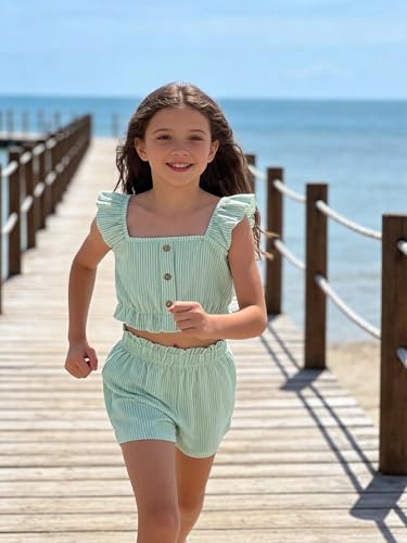 Image of Girl's Summer Clothing Sets Knit Ruffle Striped T-Shirt and Shorts 2 Piece Outfits