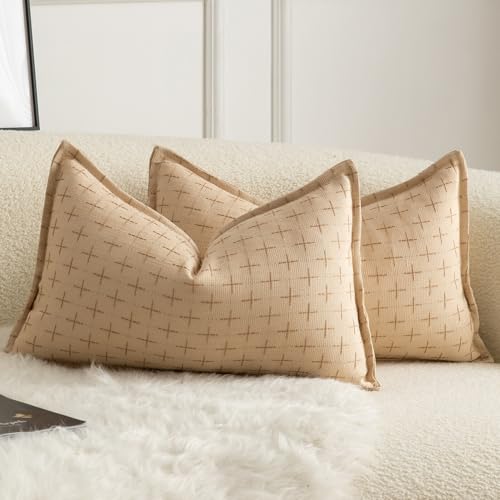 MANDIOO Pack of 2 Burlap Linen Throw Pillow Covers Woven Textured Modern Farmhouse Cushion Covers Pillowcase Decorative Couch Sofa Bed Living Room 16 x 24 Inch Burnt Beige