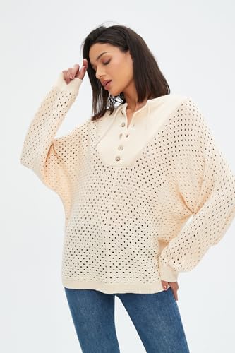 Image of EZAPINE Women's Oversized Crochet Sweater Pullover Drawstring Long Sleeve Button Hollow Out Knit Crochet Top Blouses