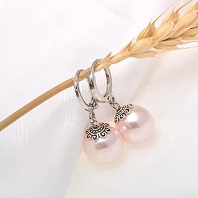 Paialco 12mm Faux Pearl Earrings Leverbacks Hypoallergenic Ball Dangle Hoop Earrings for Women, Pink