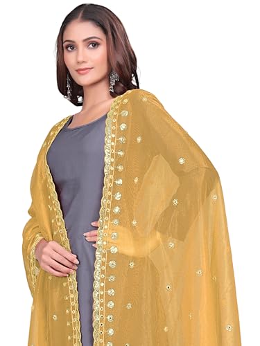Image of KEMZA Organza Embroidered Dupatta with Mirror & Sequence Work, Tassel Lace Border, Floral Butti Design