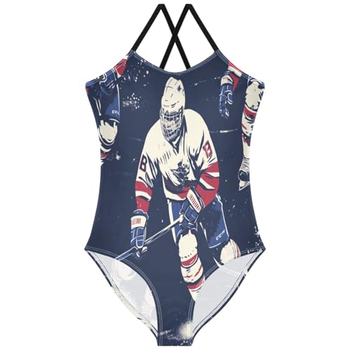 Pigsaly Girls One Piece Swimsuits Vintage Blue Red Ice Hockey Player Kids Cross Back Swimwear Beach Sport Bathing Suit 5T-6T