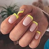 RikView Oval French Tip Nails, 24 PCS Glossy Yellow Press-On False Nails with Design, Full Cover...